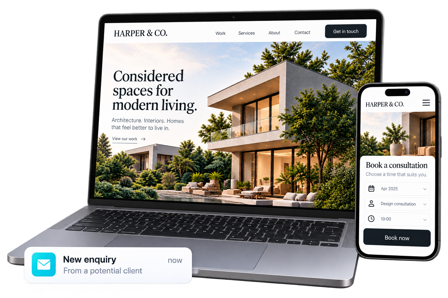 Harper and Co. architectural website concept shown on a laptop and phone with a new enquiry alert